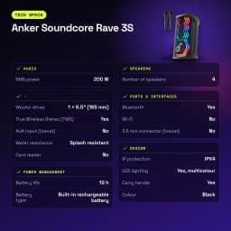 Altavoz de fiesta Anker Soundcore Rave 3S IPX4 200W 12h Negro - características