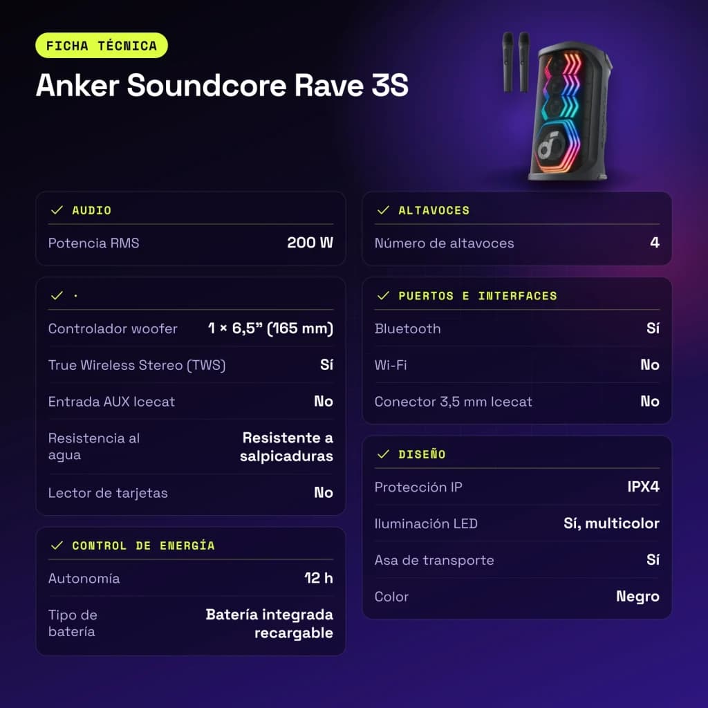 Altavoz de fiesta Anker Soundcore Rave 3S IPX4 200W 12h Negro - características