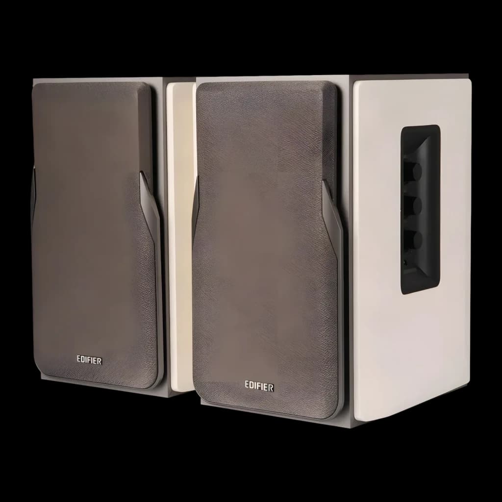 Enceintes Edifier 42W Bluetooth 5.1 Blanc R1380DB, vue de face: paire d'enceintes avec grille grise texturée, caisson blanc