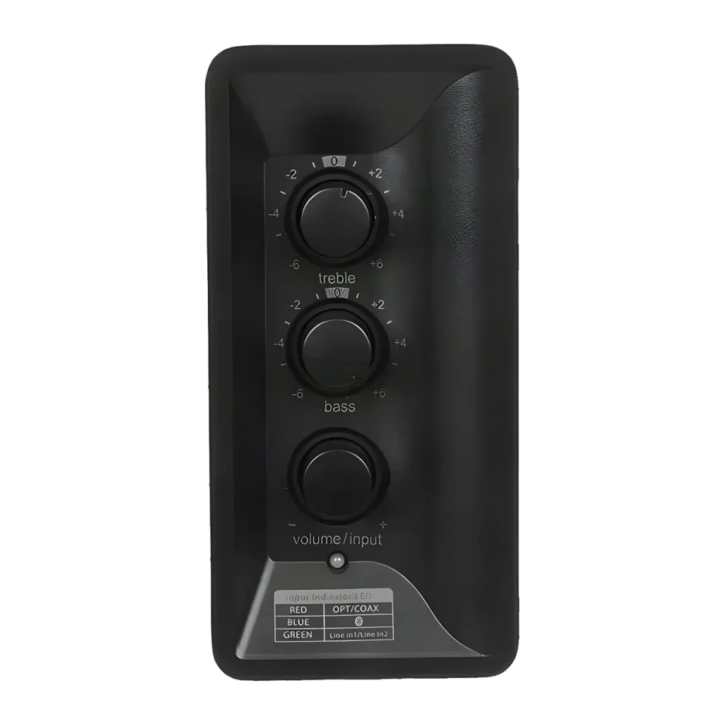 Enceintes Edifier 42W Bluetooth 5.1 Blanc R1380DB, détail: panneau arrière avec boutons treble, bass et volume/input