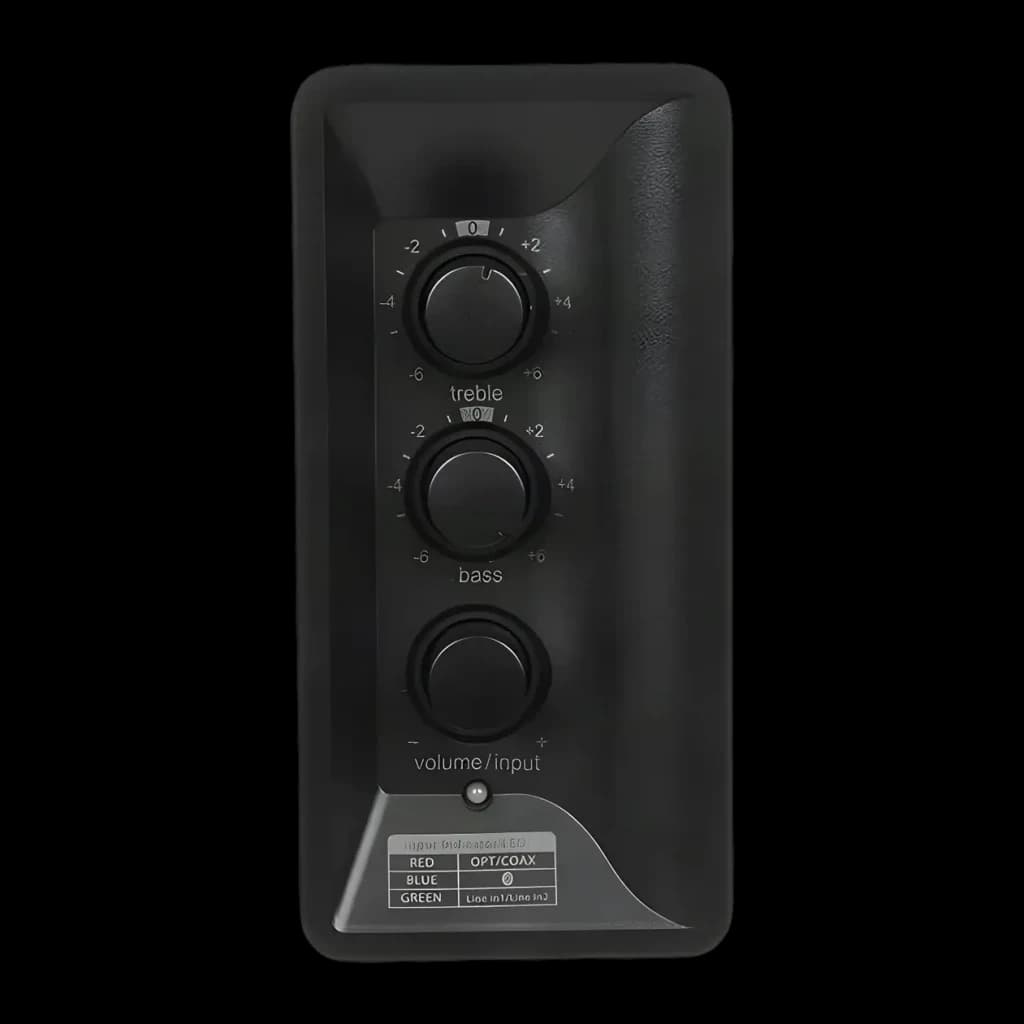 Enceintes Edifier 42W Bluetooth 5.1 Blanc R1380DB, détail: panneau arrière avec boutons treble, bass et volume/input