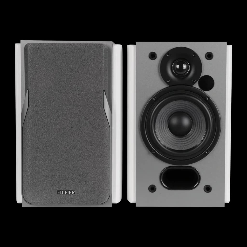Enceintes Edifier 42W Bluetooth 5.1 Blanc R1380DB, détail: une avec grille et une sans, révélant tweeter, woofer et port