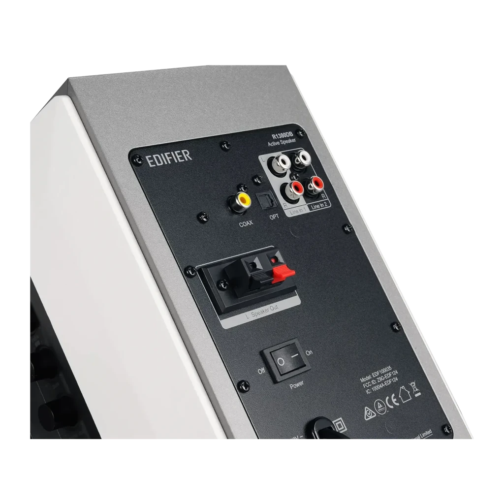 Enceintes Edifier 42W Bluetooth 5.1 Blanc R1380DB, vue arrière: panneau noir avec entrées RCA, coaxiale, optique, bornes