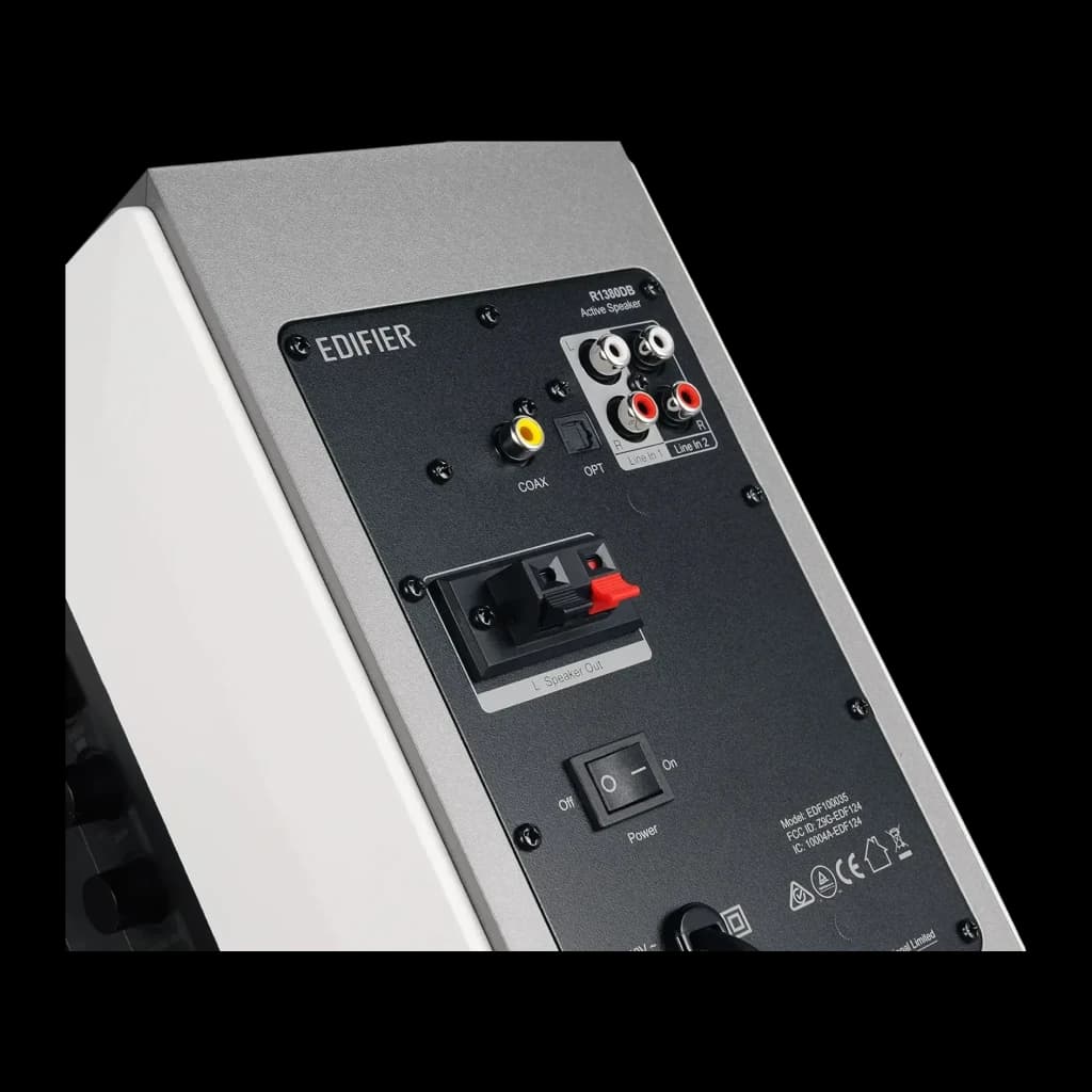 Enceintes Edifier 42W Bluetooth 5.1 Blanc R1380DB, vue arrière: panneau noir avec entrées RCA, coaxiale, optique, bornes