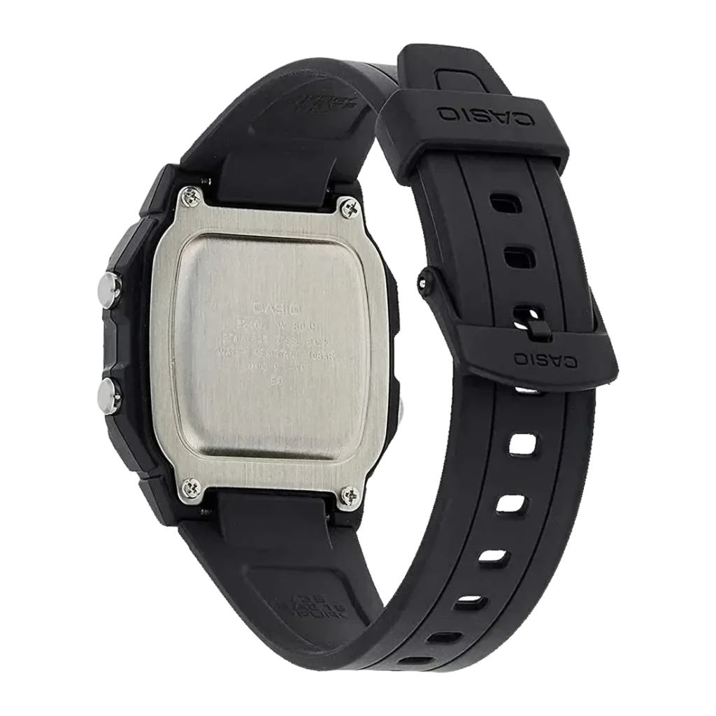 Casio W-800H-1BVES Preto Cronómetro, 4 Alarmes, Calendário Bateria 10 Anos 10ATM, vista traseira: tampa metálica escovada