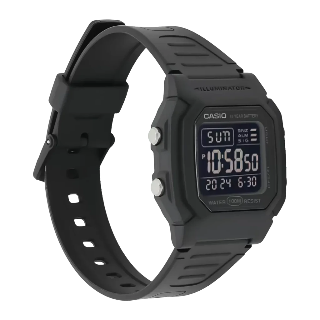 Casio W-800H-1BVES Preto Cronómetro, 4 Alarmes, Calendário Bateria 10 Anos 10ATM, detalhe: vista lateral em ângulo com ecrã