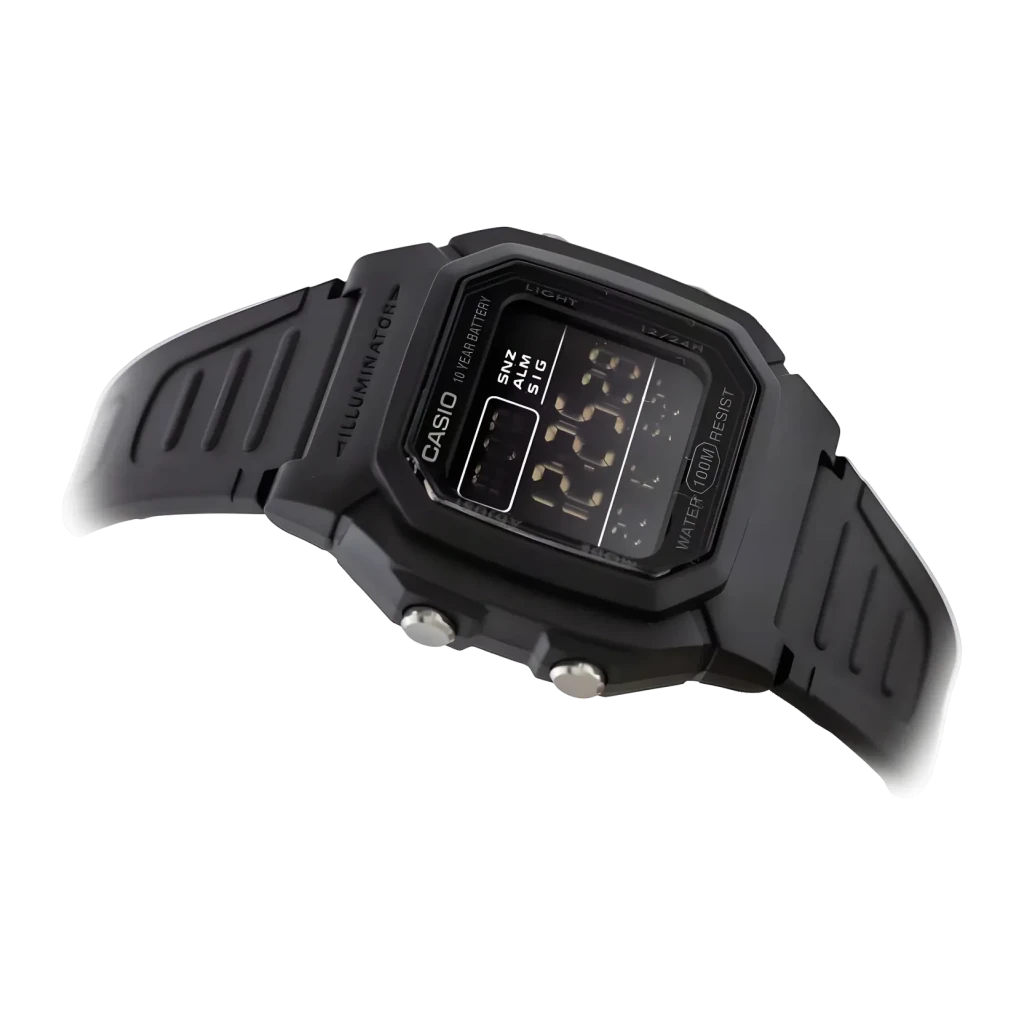 Casio W-800H-1BVES Preto Cronómetro, 4 Alarmes, Calendário Bateria 10 Anos 10ATM, detalhe: vista lateral em ângulo