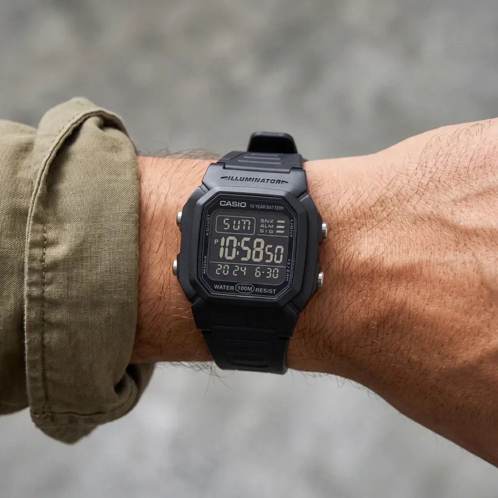 Casio W-800H-1BVES Preto Cronómetro, 4 Alarmes, Calendário Bateria 10 Anos 10ATM, em uso: relógio no pulso masculino