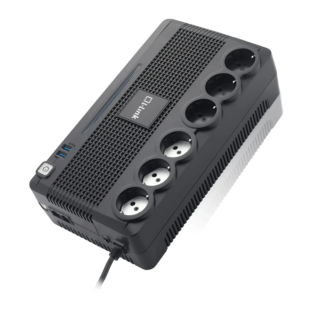 SAI L-Link LL-700-G6 700VA Línea Interactiva 360W Negro, vista frontal: 6 tomas Schuko, puertos USB azules y botón