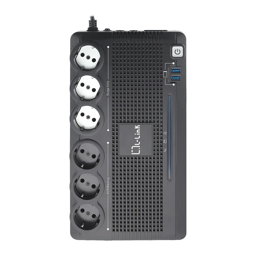 SAI L-Link LL-700-G6 700VA Línea Interactiva 360W Negro, detalle frontal: 7 tomas Schuko, 2 USB, botón de encendido y panel