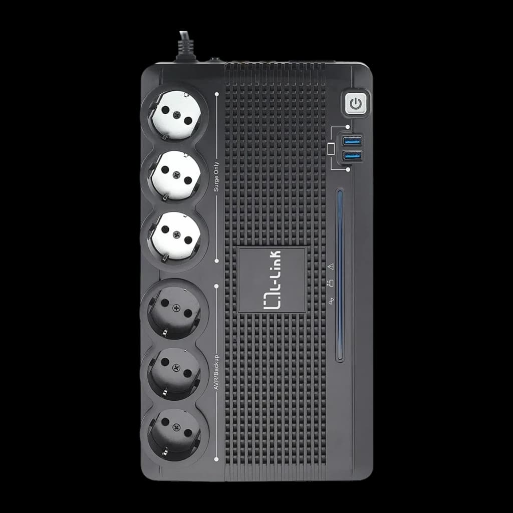 SAI L-Link LL-700-G6 700VA Línea Interactiva 360W Negro, detalle frontal: 7 tomas Schuko, 2 USB, botón de encendido y panel