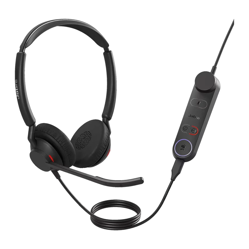 Casque Jabra Engage 50 II Réduction de Bruit Arceau USB-C, vue de face: casque binaural noir avec micro-perche et contrôleur