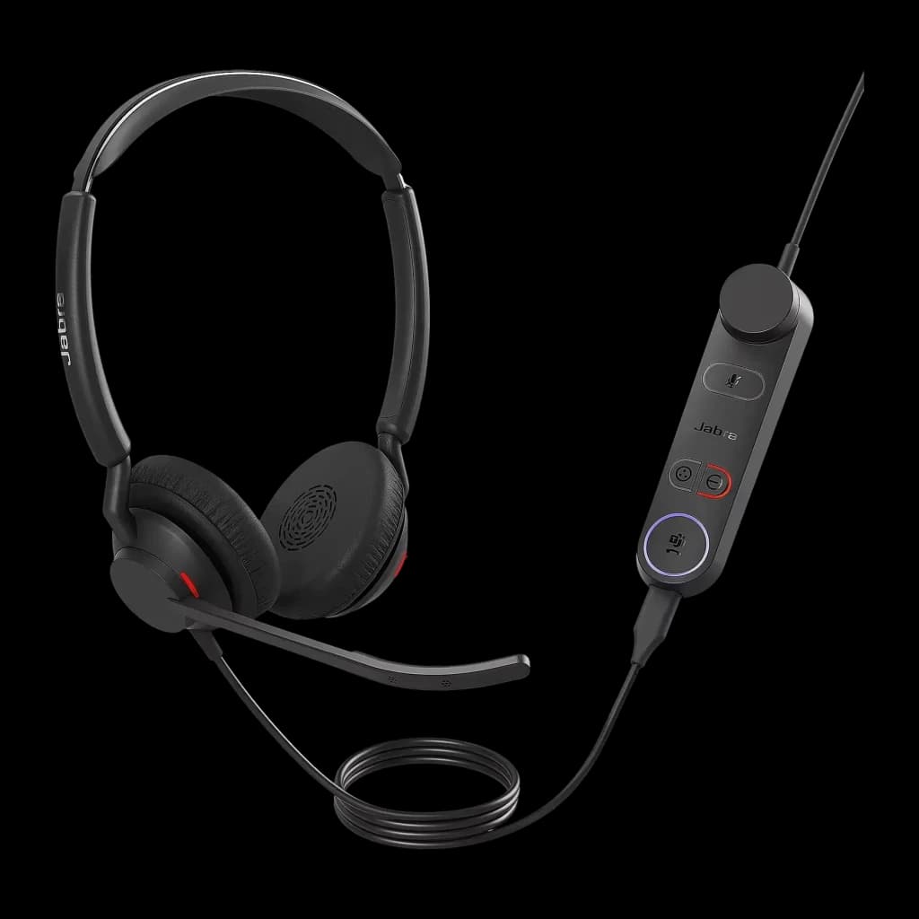 Casque Jabra Engage 50 II Réduction de Bruit Arceau USB-C, vue de face: casque binaural noir avec micro-perche et contrôleur