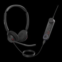 Casque Jabra Engage 50 II Réduction de Bruit Arceau USB-C, vue de face: casque binaural noir avec micro-perche et contrôleur