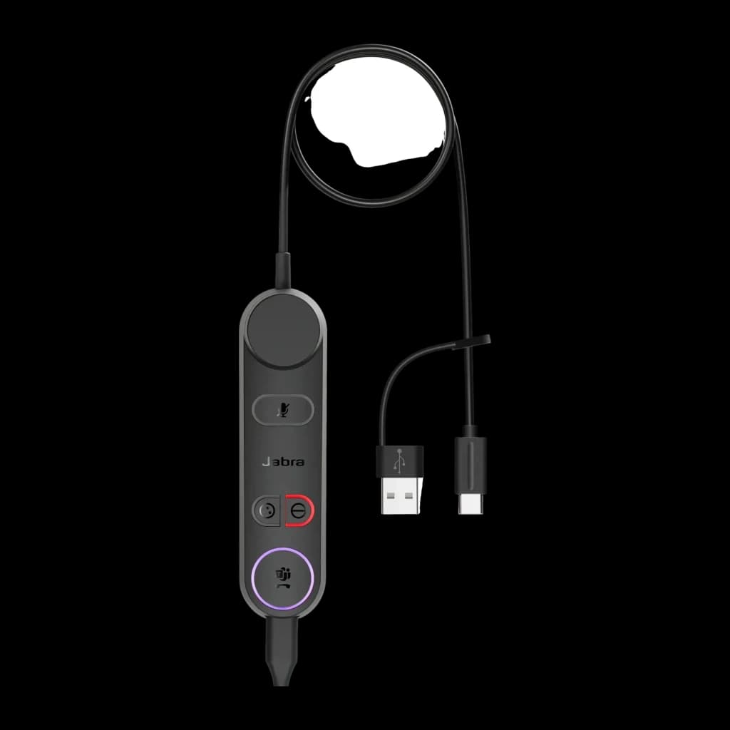 Casque Jabra Engage 50 II Réduction de Bruit Arceau USB-C, détail: contrôleur en ligne avec boutons, LED violet