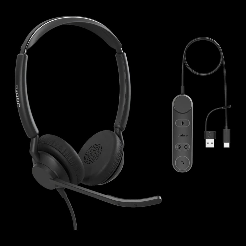 Casque Jabra Engage 50 II Réduction de Bruit Arceau USB-C, détail: casque noir avec micro-perche et contrôleur inline