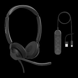 Casque Jabra Engage 50 II Réduction de Bruit Arceau USB-C, détail: casque noir avec micro-perche et contrôleur inline
