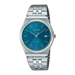 Casio Collection MTP-B145D-2A2V Argent Batterie 3 Ans 50 m, vue de face: cadran bleu teal avec index argentés, guichet date