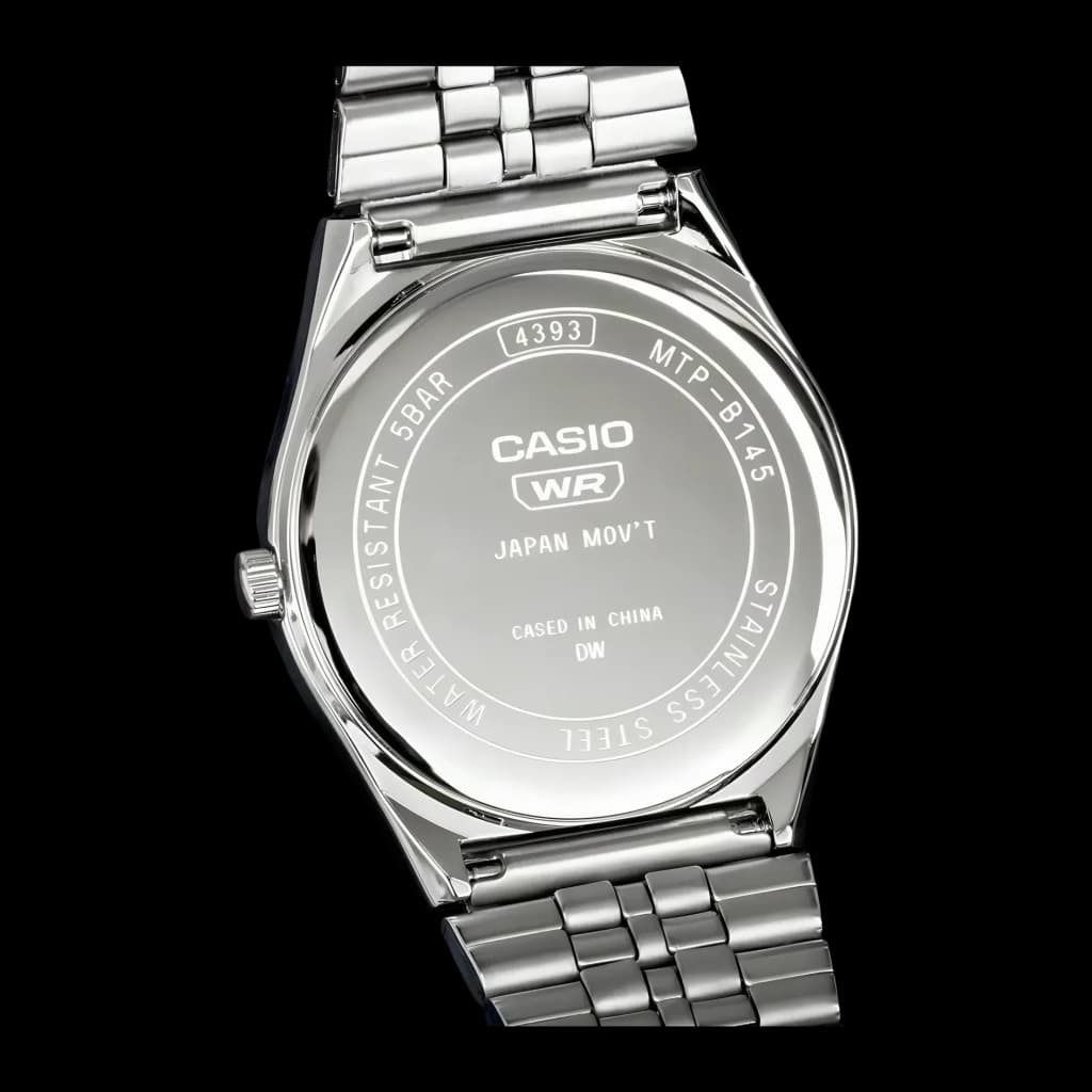 Casio Collection MTP-B145D-2A2V Argent Batterie 3 Ans 50 m, vue arrière: fond de boîte acier inoxydable gravé logo Casio WR