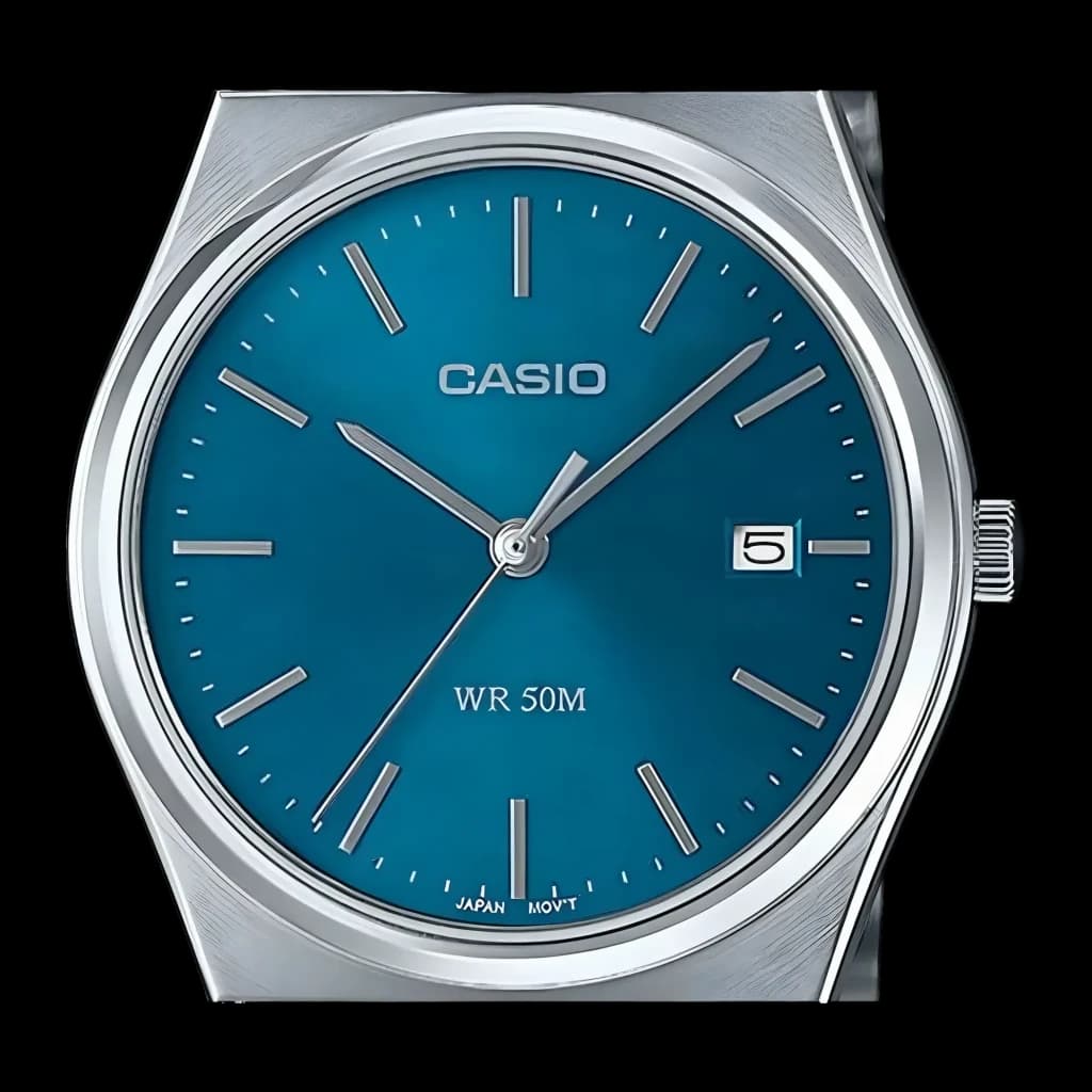Casio Collection MTP-B145D-2A2V Argent Batterie 3 Ans 50 m, détail: cadran bleu teal avec index argentés, guichet date