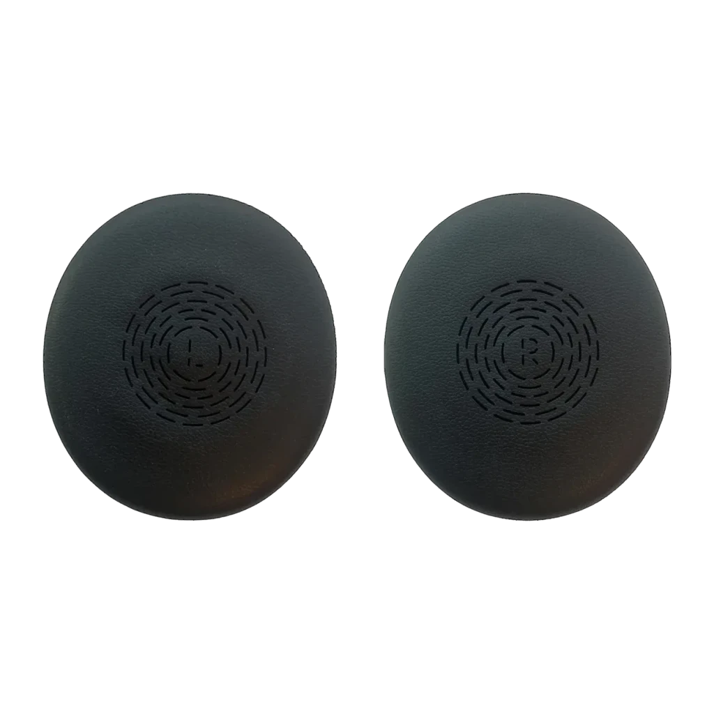 Coussinets Jabra Evolve2 50/55 Pack 2 pcs. Cuir synthétique, vue de face: deux coussinets noirs avec repères L et R et motif