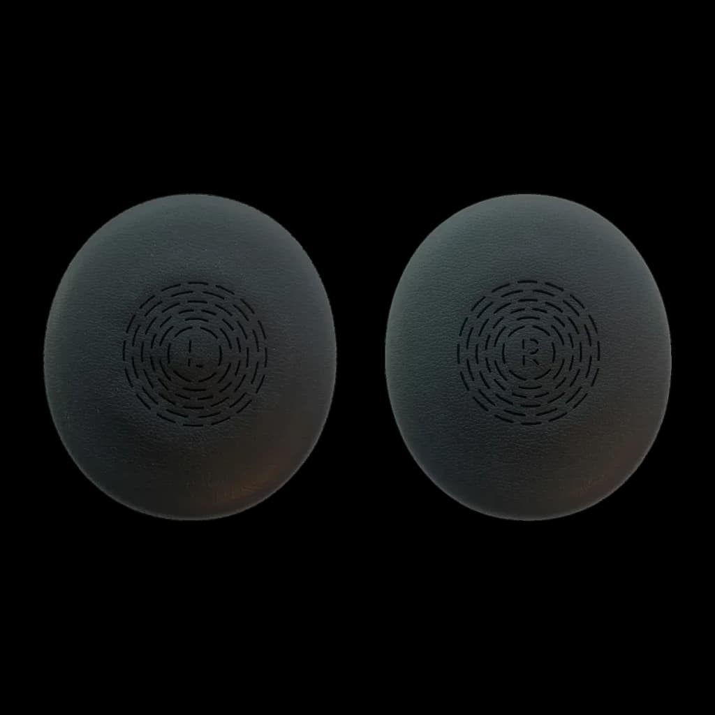 Coussinets Jabra Evolve2 50/55 Pack 2 pcs. Cuir synthétique, vue de face: deux coussinets noirs avec repères L et R et motif