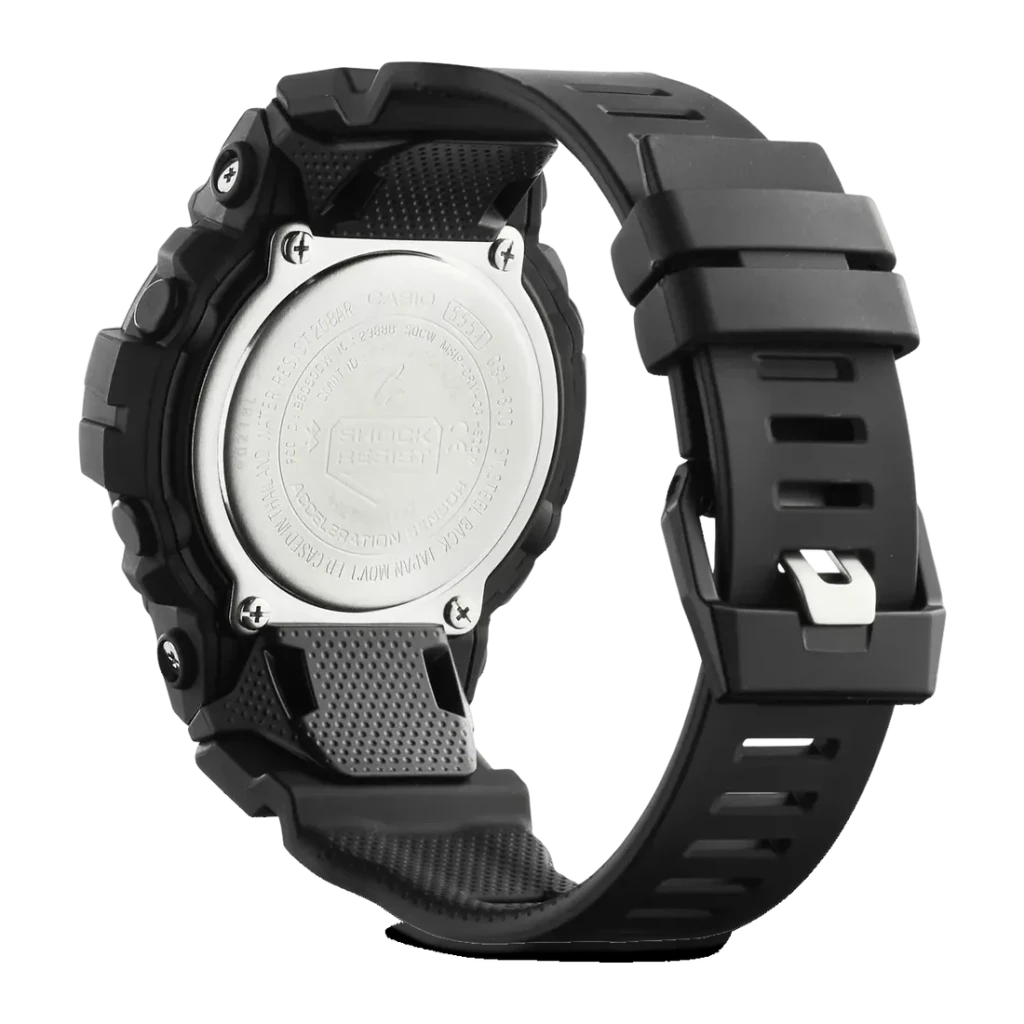 Casio G-Shock GBA-800-1AER Preto Bluetooth Smart Bateria 2 Anos 20ATM, vista traseira: tampa metálica com logo Shock Resist