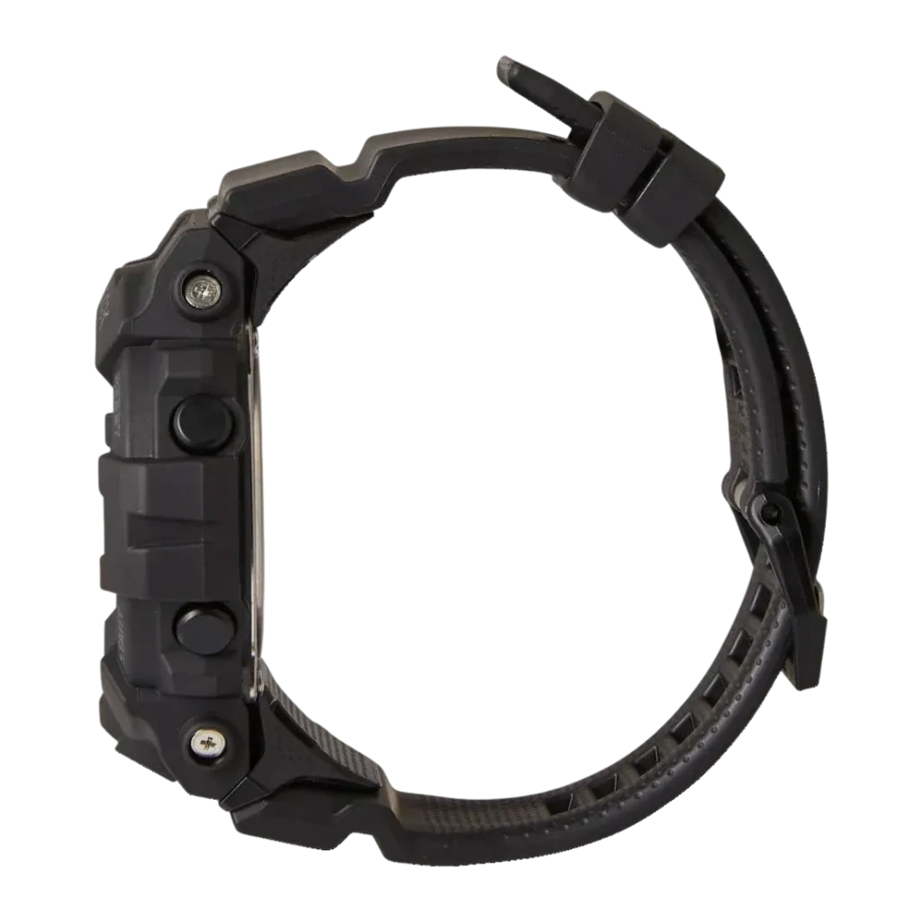 Casio G-Shock GBA-800-1AER Preto Bluetooth Smart Bateria 2 Anos 20ATM, detalhe lateral: caixa, botões e bracelete preto