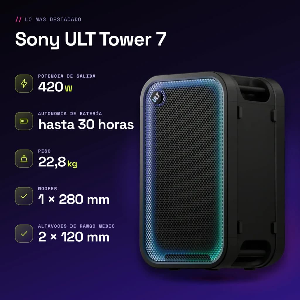 Coluna de festa Sony ULT Tower 7 IPX4 420W 30h Preto - características