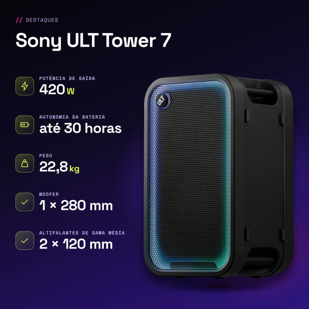 Coluna de festa Sony ULT Tower 7 IPX4 420W 30h Preto - características