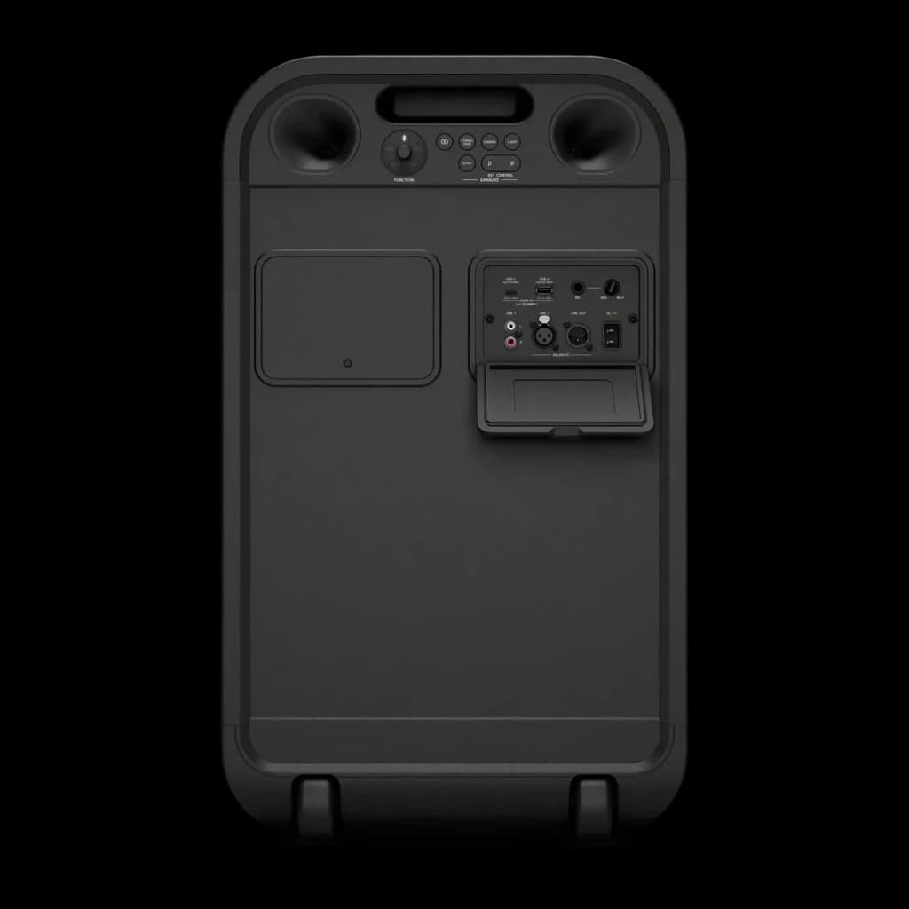 Coluna de festa Sony ULT Tower 7 IPX4 420W 30h Preto, vista traseira: painel de conectores XLR, USB e RCA, pega e rodas