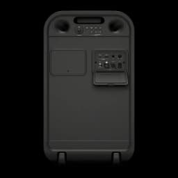 Coluna de festa Sony ULT Tower 7 IPX4 420W 30h Preto, vista traseira: painel de conectores XLR, USB e RCA, pega e rodas