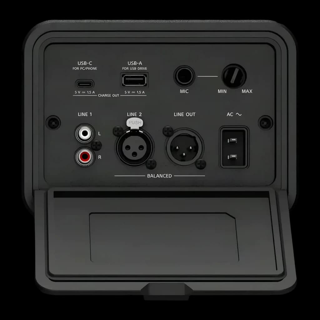 Coluna de festa Sony ULT Tower 7 IPX4 420W 30h Preto, detalhe: painel de ligações com USB-C, USB-A, MIC, RCA, XLR e AC