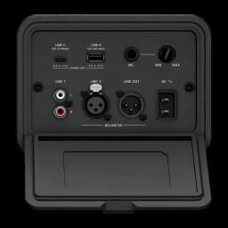 Coluna de festa Sony ULT Tower 7 IPX4 420W 30h Preto, detalhe: painel de ligações com USB-C, USB-A, MIC, RCA, XLR e AC