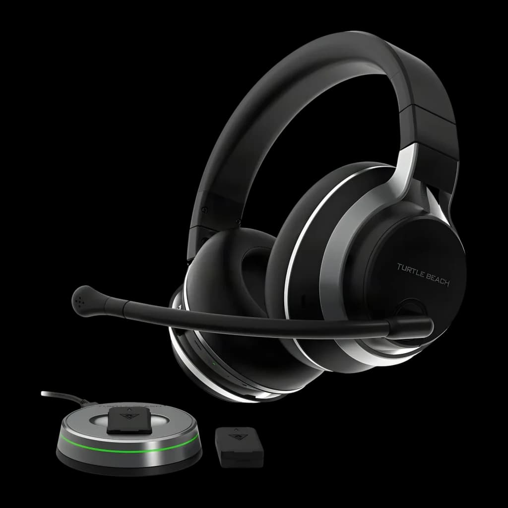 Casque Gaming Turtle Beach Stealth Pro Sans Fil Microphone Amovible, vue ensemble: casque noir avec micro boom, base