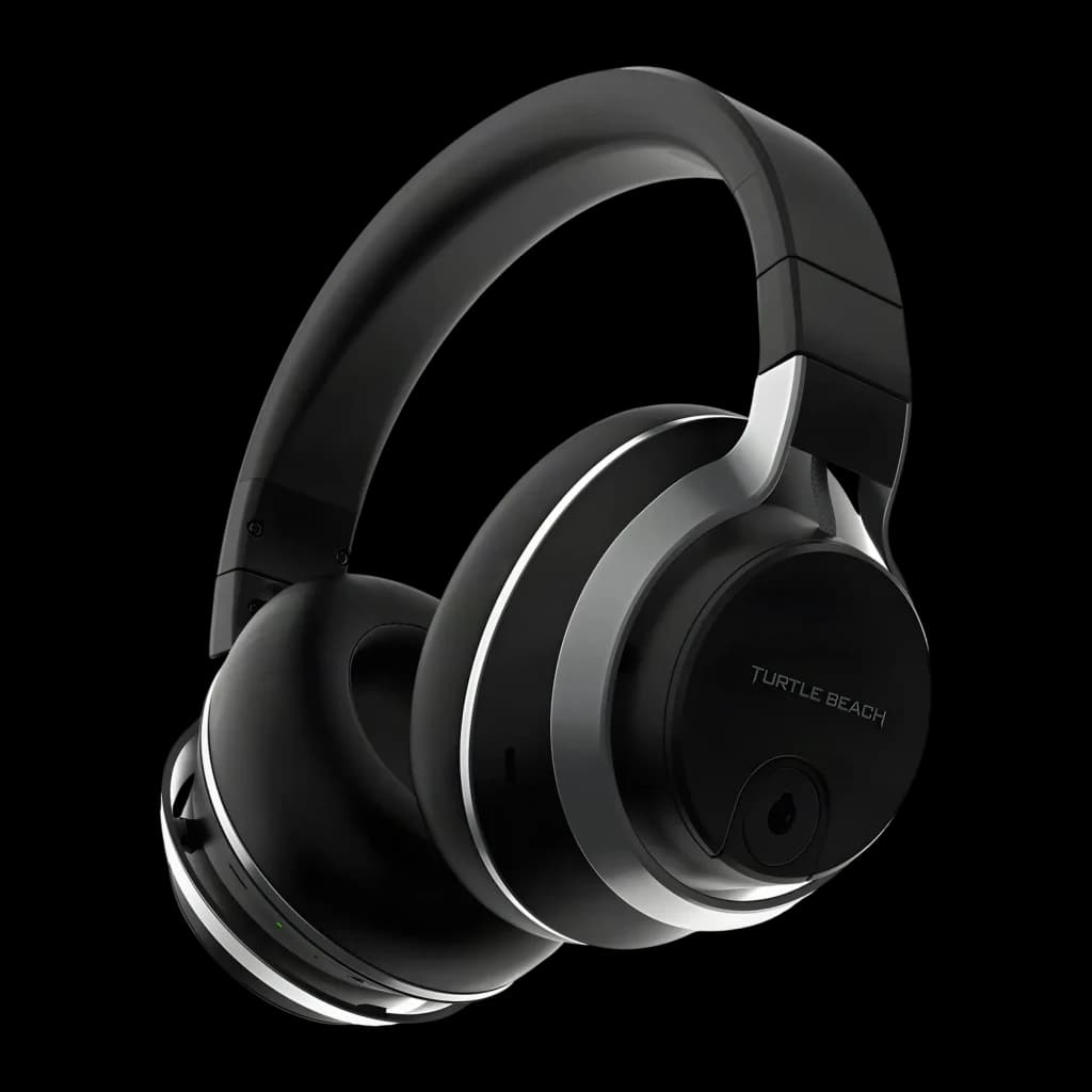 Casque Gaming Turtle Beach Stealth Pro Sans Fil Microphone Amovible, vue latérale: anneau argenté sur l'oreillette, logo