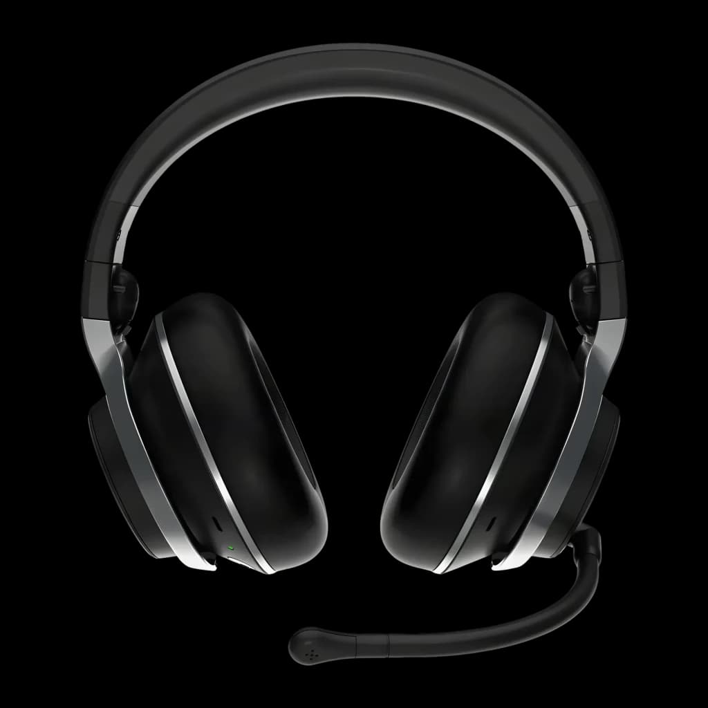 Casque Gaming Turtle Beach Stealth Pro Sans Fil Microphone Amovible, vue de face: casque noir avec micro-boom flexible fixé