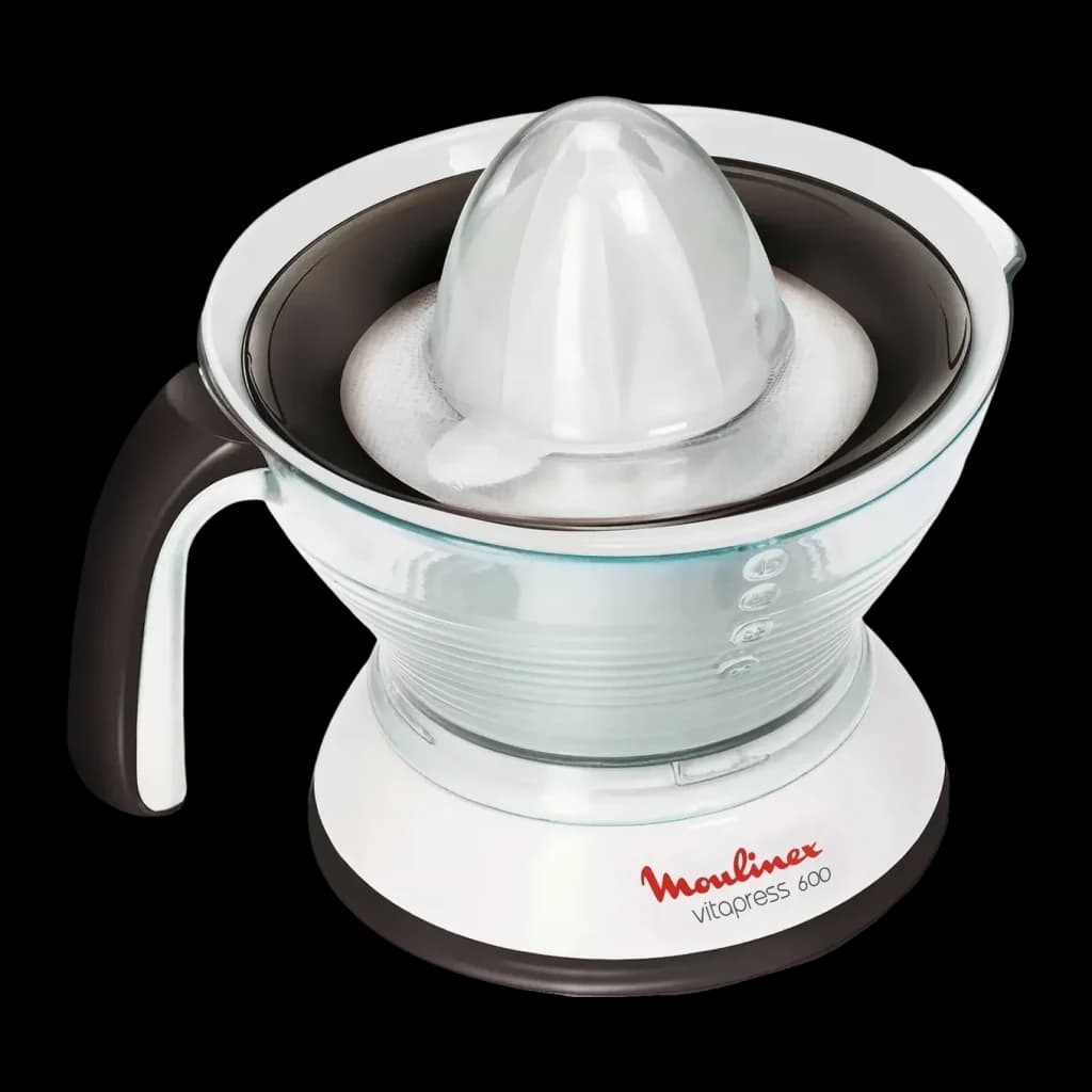 Exprimidor Moulinex Vitapress 25W con depósito de zumo Blanco/Gris PC300B, vista frontal: cono exprimidor, recipiente