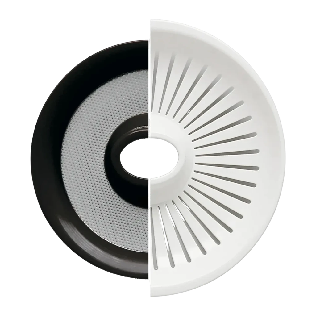 Exprimidor Moulinex Vitapress 25W con depósito de zumo Blanco/Gris PC300B, detalle: cono y filtro vistos desde arriba