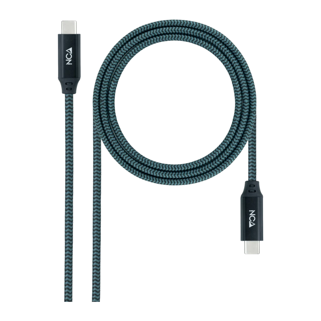 Câble Nanocable USB 3.2 Gen2x2 20Gbps USB-C/M-USB-C/M 2 m 100W 5A Gris/Noir, vue de face: câble tressé enroulé gris