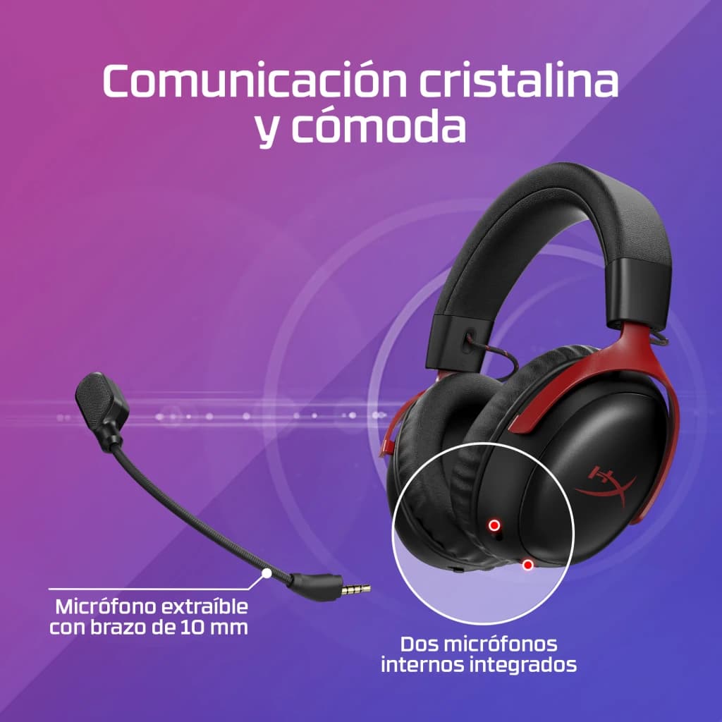 Auriculares Gaming HyperX Cloud III S Wireless Inalámbrico, detalle: micrófono extraíble 10 mm y dos micrófonos internos