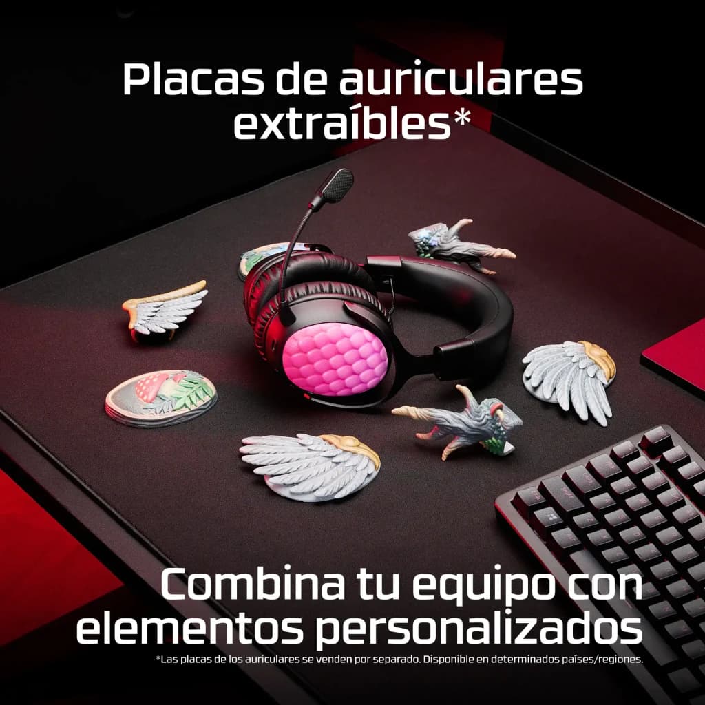 Auriculares Gaming HyperX Cloud III S Wireless Inalámbrico, lifestyle: placas extraíbles rosas y decoraciones de alas