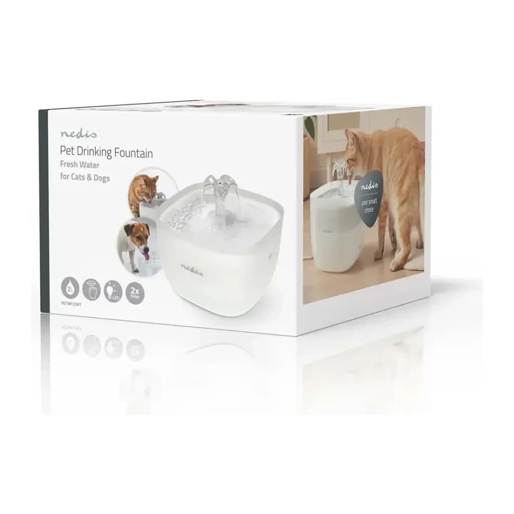 Fuente de agua Nedis 2L Blanco Filtro 4 etapas PETWF21WT, contenido de la caja: caja con fuente, iconos LED y filtro, gato