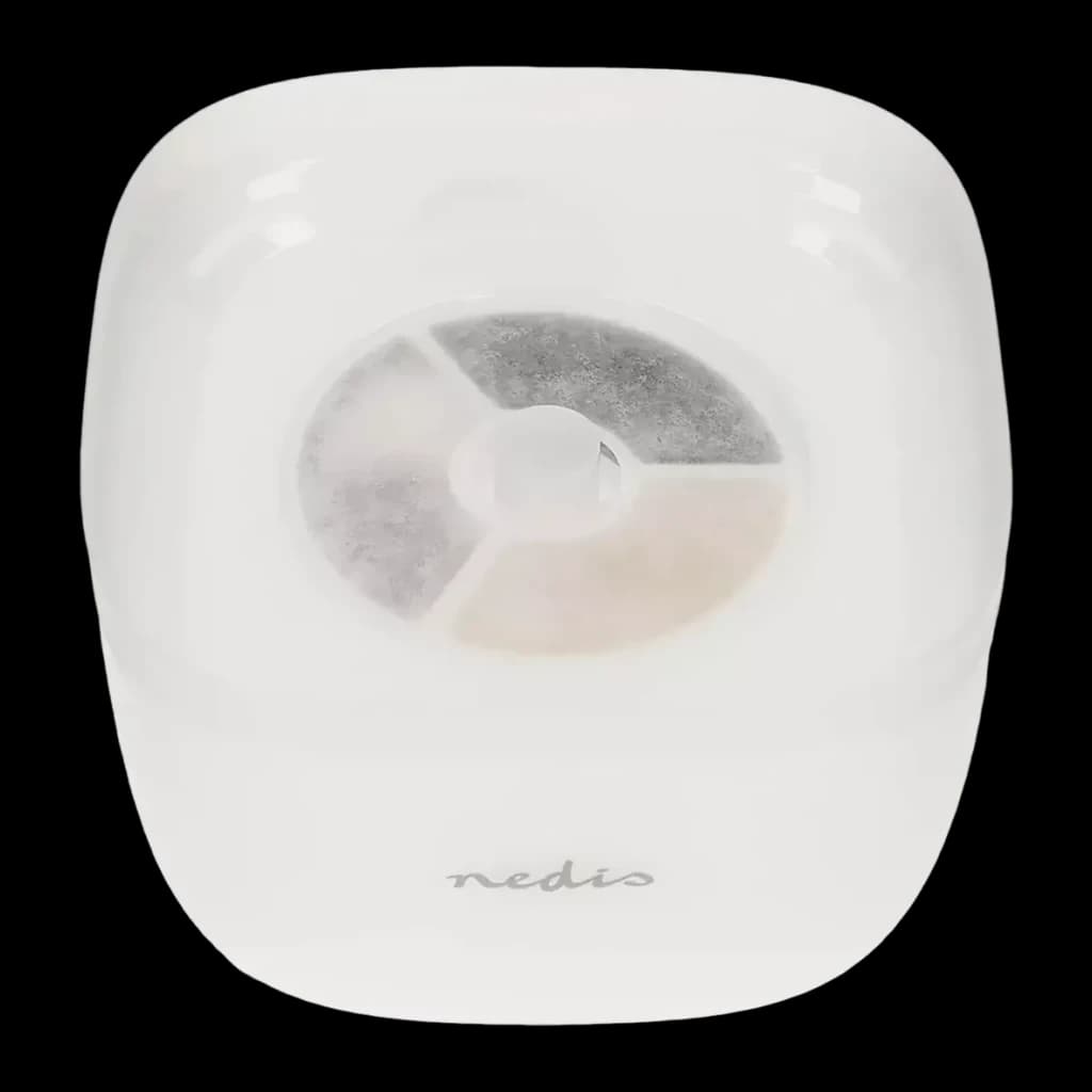 Fuente de agua Nedis 2L Blanco Filtro 4 etapas PETWF21WT, detalle: vista superior con filtro circular y logo Nedis