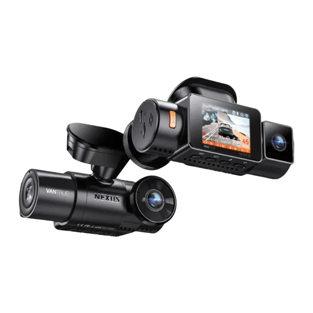 Dashcam Vantrue N2X LTE Noir 2CH 2.7K GPS, vue avant: unité principale avec écran actif et caméra intérieure cylindrique