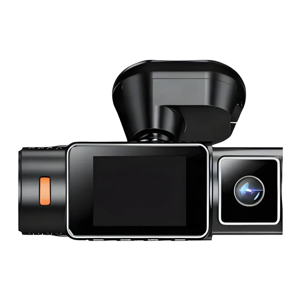 Dashcam Vantrue N2X LTE Noir 2CH 2.7K GPS, détail avant: écran LCD, objectif intérieur et bouton orange latéral
