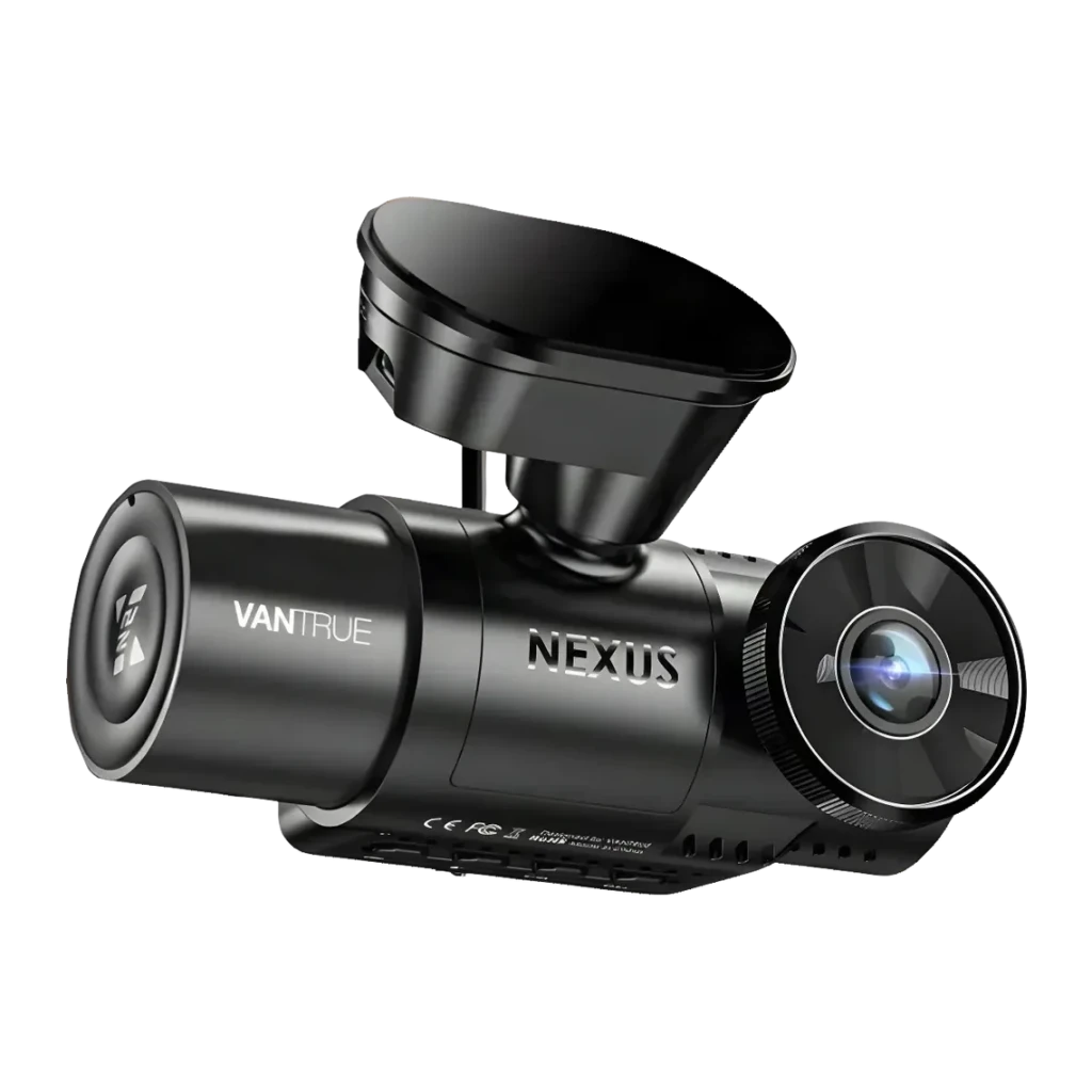 Dashcam Vantrue N2X LTE Noir 2CH 2.7K GPS, détail: deux objectifs cylindriques, logo NEXUS et ventouse de fixation visibles