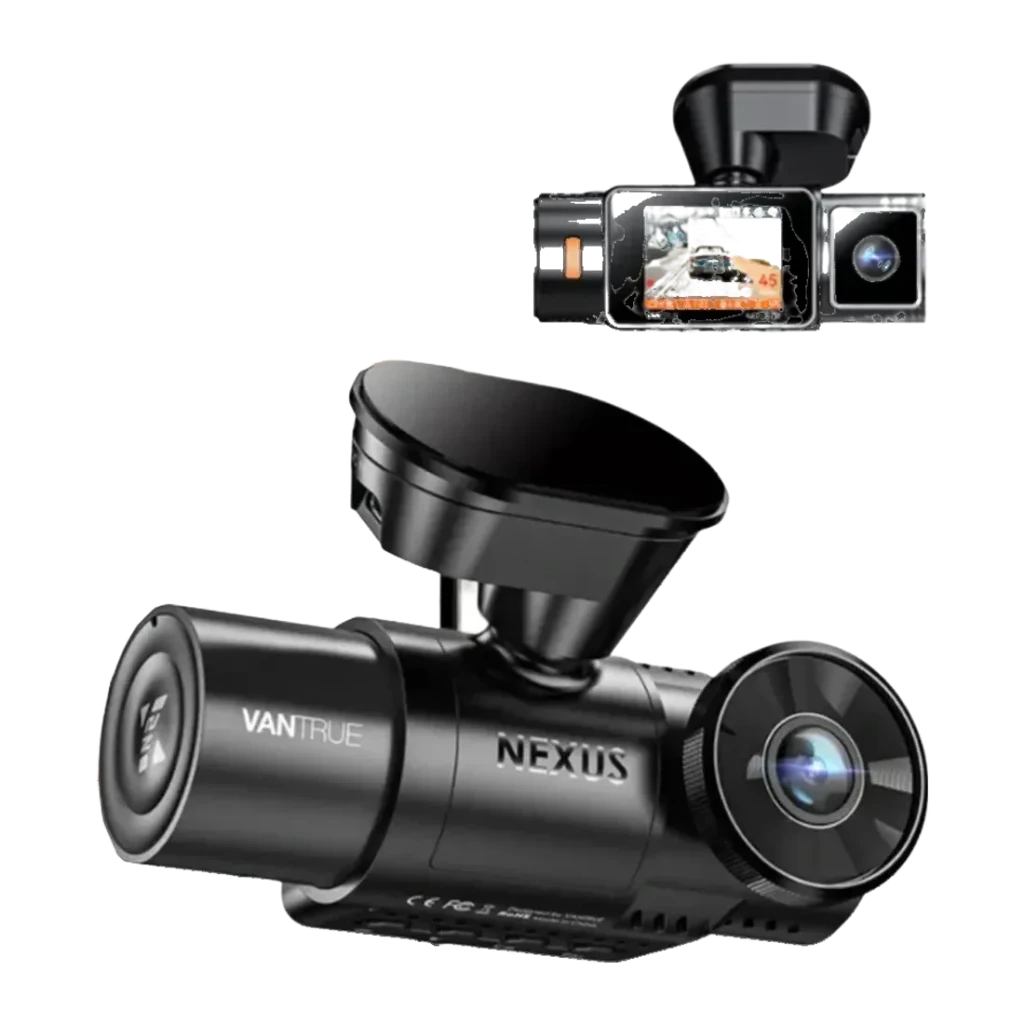 Dashcam Vantrue N2X LTE Noir 2CH 2.7K GPS, détail: deux objectifs avant et intérieur visibles avec écran allumé