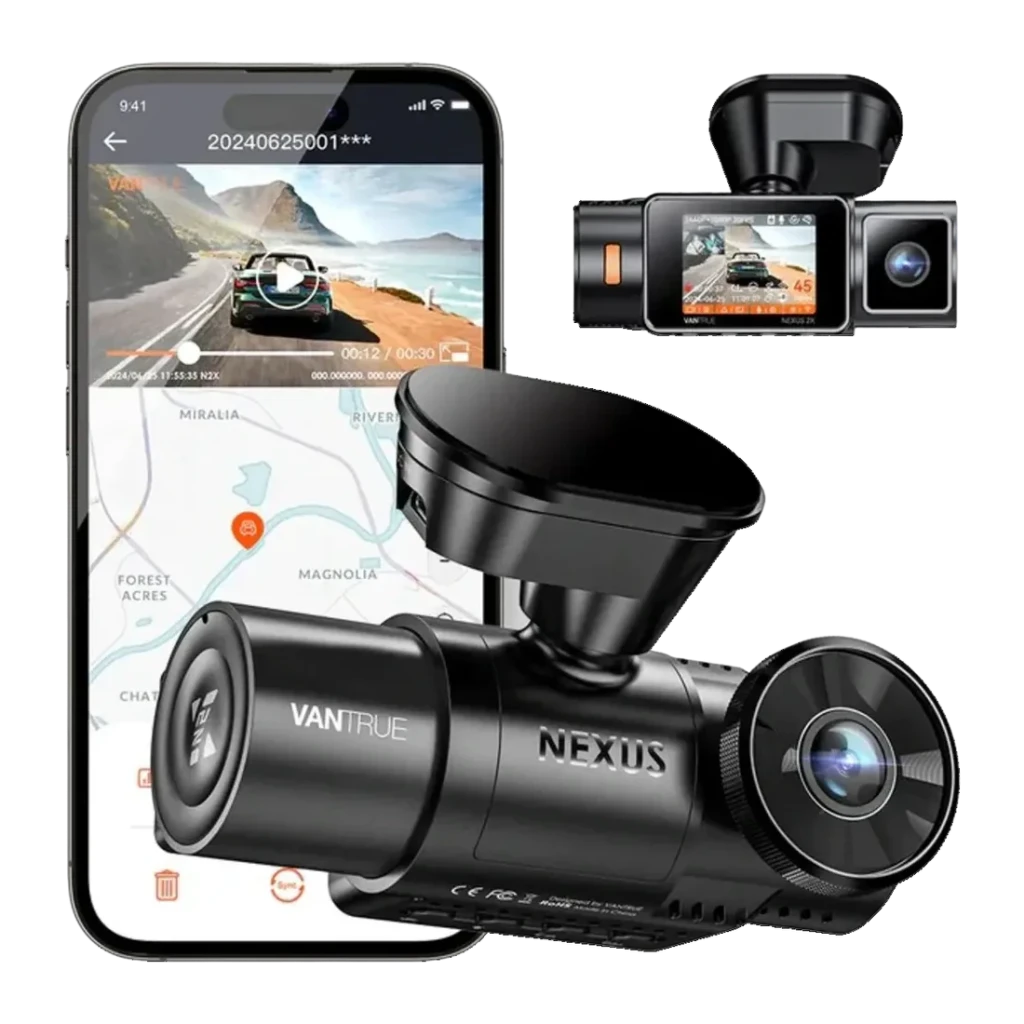 Dashcam Vantrue N2X LTE Noir 2CH 2.7K GPS, composition: appareil avec app mobile GPS et vue avant et intérieure
