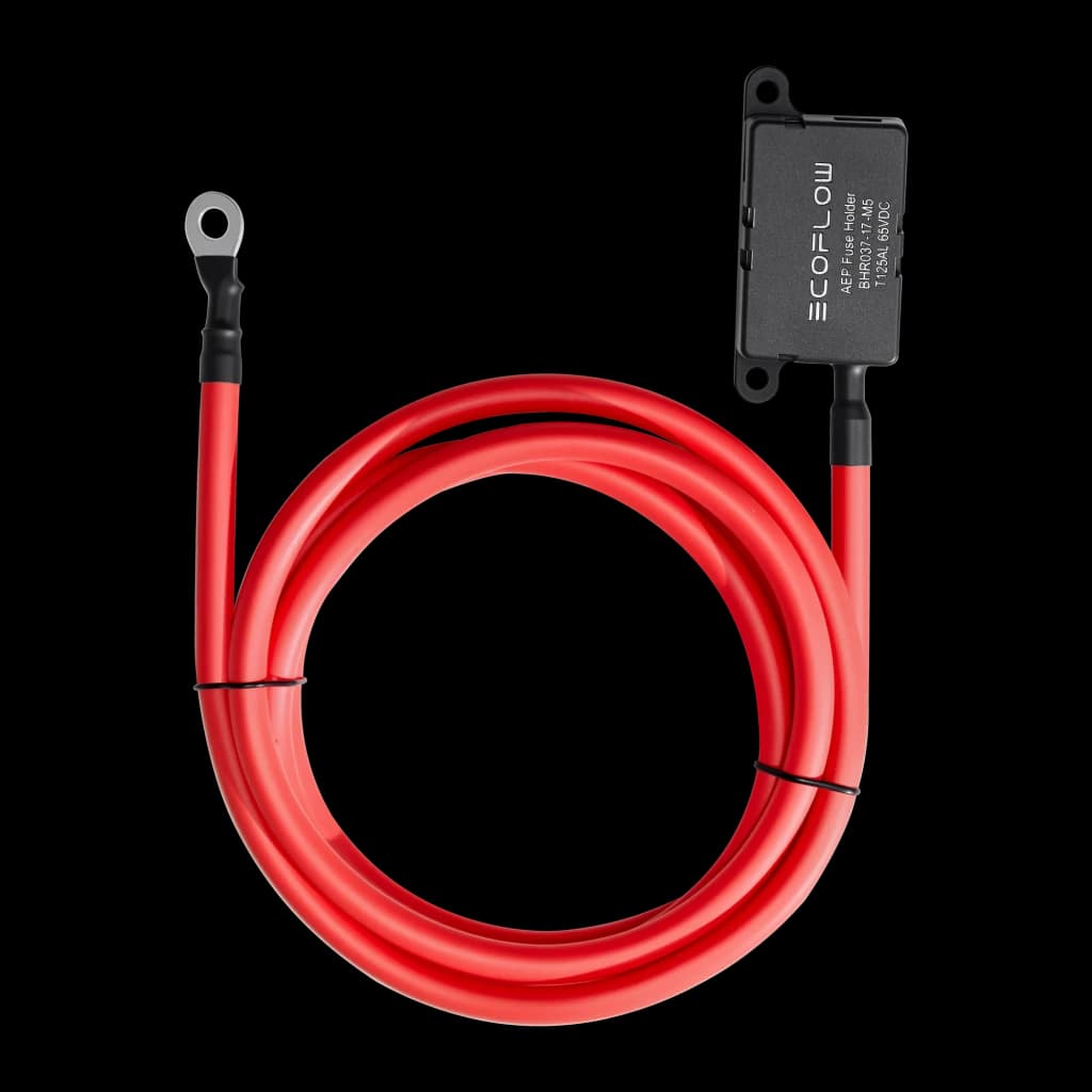 Cabo de Extensão EcoFlow EFL-AltCharFusCab 2m 125A Laranja, vista frontal: cabo vermelho enrolado com porta-fusível preto